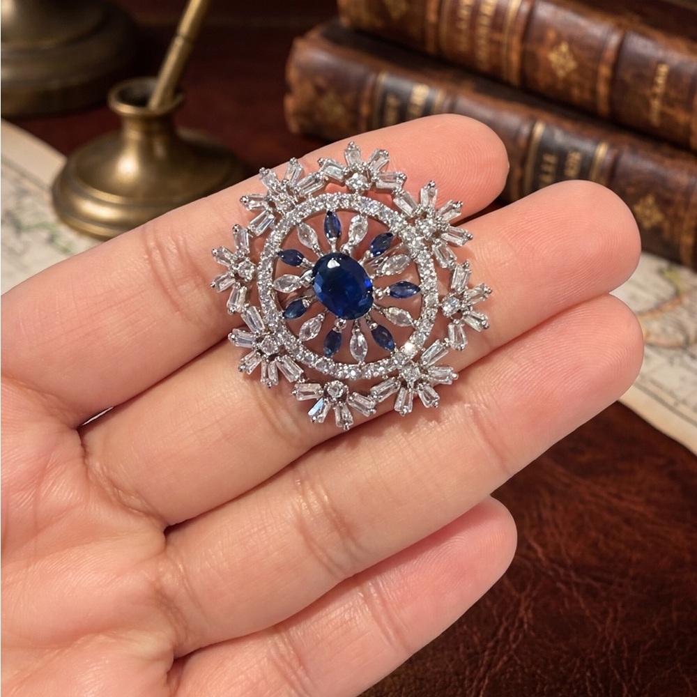 Blue Sapphire and Silver Snowflake Brooch - Elegant Women’s Jewelry